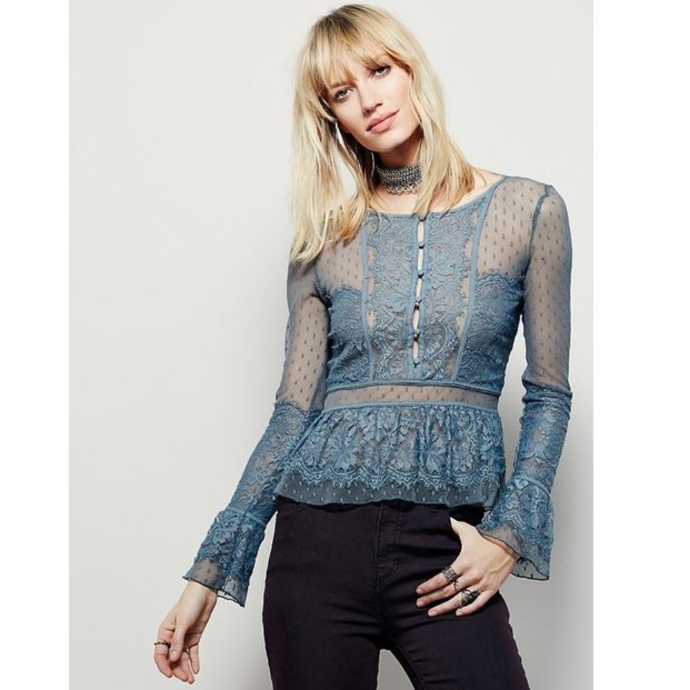 Free people lace and sheer blouse size x small dusty blue - Picture 1 of 10